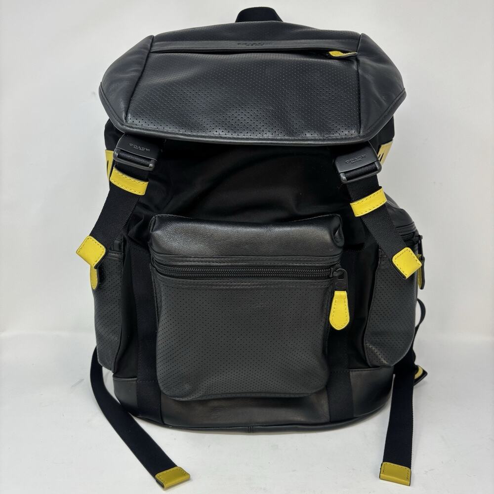Coach Terrain Trek Backpack Men’s Black Leather Perforated Gold Accent Tabs Rare